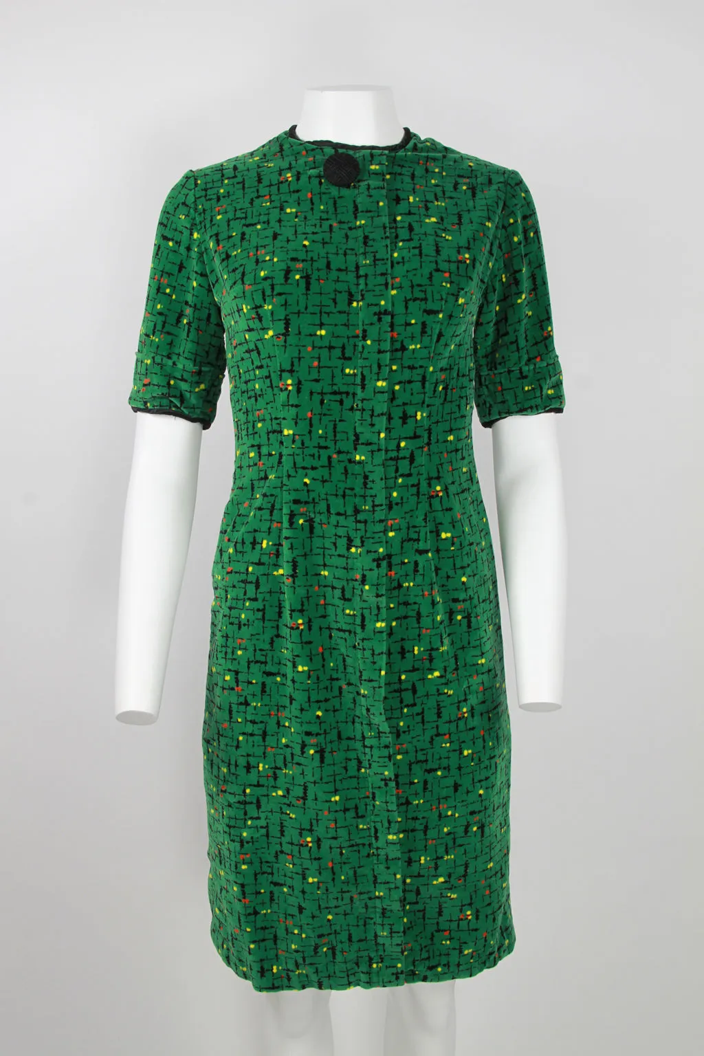1950s Green patterned velvet s/s dress with large button detail – S