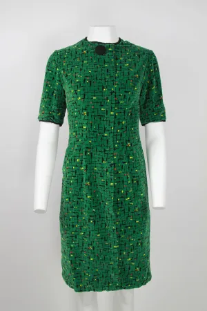 1950s Green patterned velvet s/s dress with large button detail – S