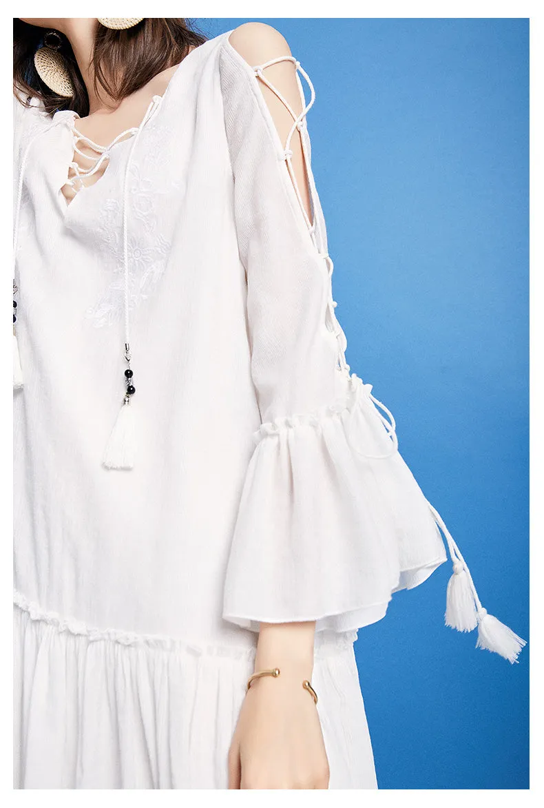 ARTKA EMBROIDERY FRILL SLEEVE MINI SMOCK DRESS WITH PEP HEM