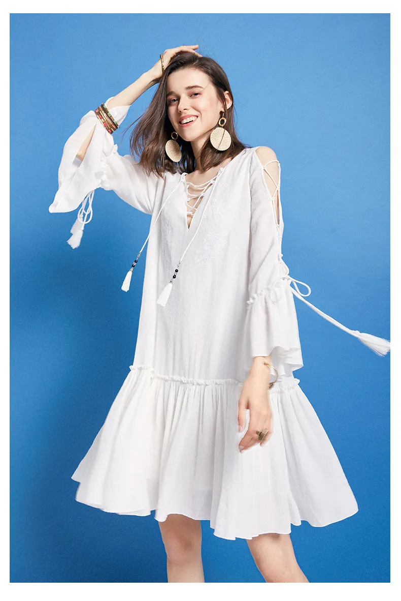 ARTKA EMBROIDERY FRILL SLEEVE MINI SMOCK DRESS WITH PEP HEM