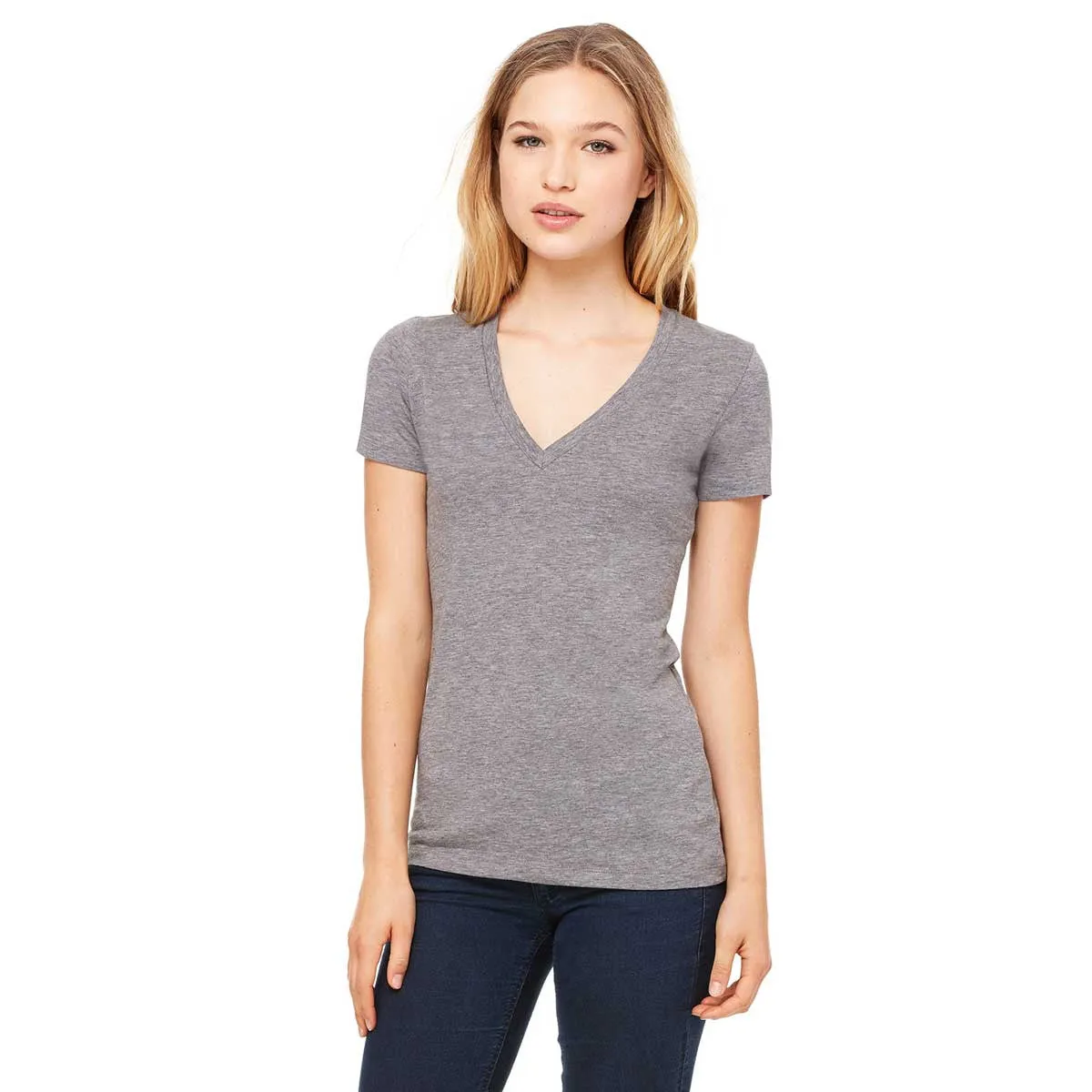 Bella   Canvas Women's Grey Triblend Short-Sleeve Deep V-Neck T-Shirt
