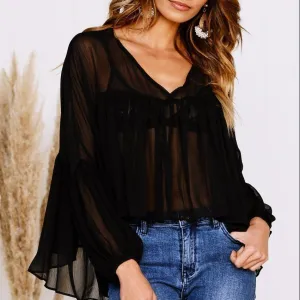 Chiffon Loose Solid Color V- neck Long Sleeve T-shirts