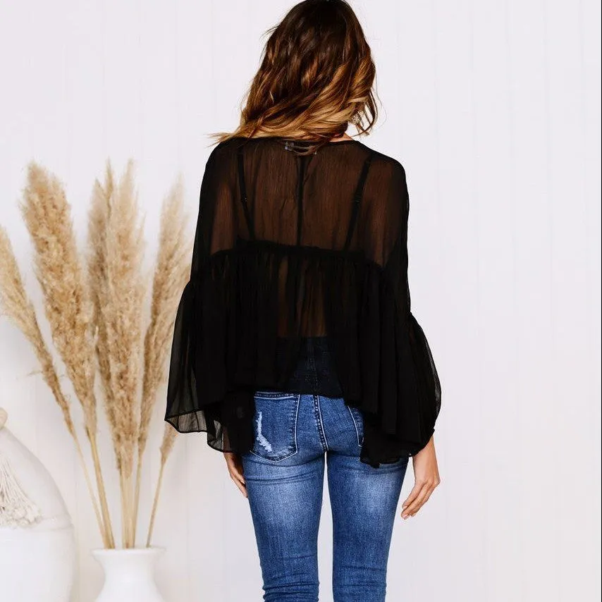 Chiffon Loose Solid Color V- neck Long Sleeve T-shirts