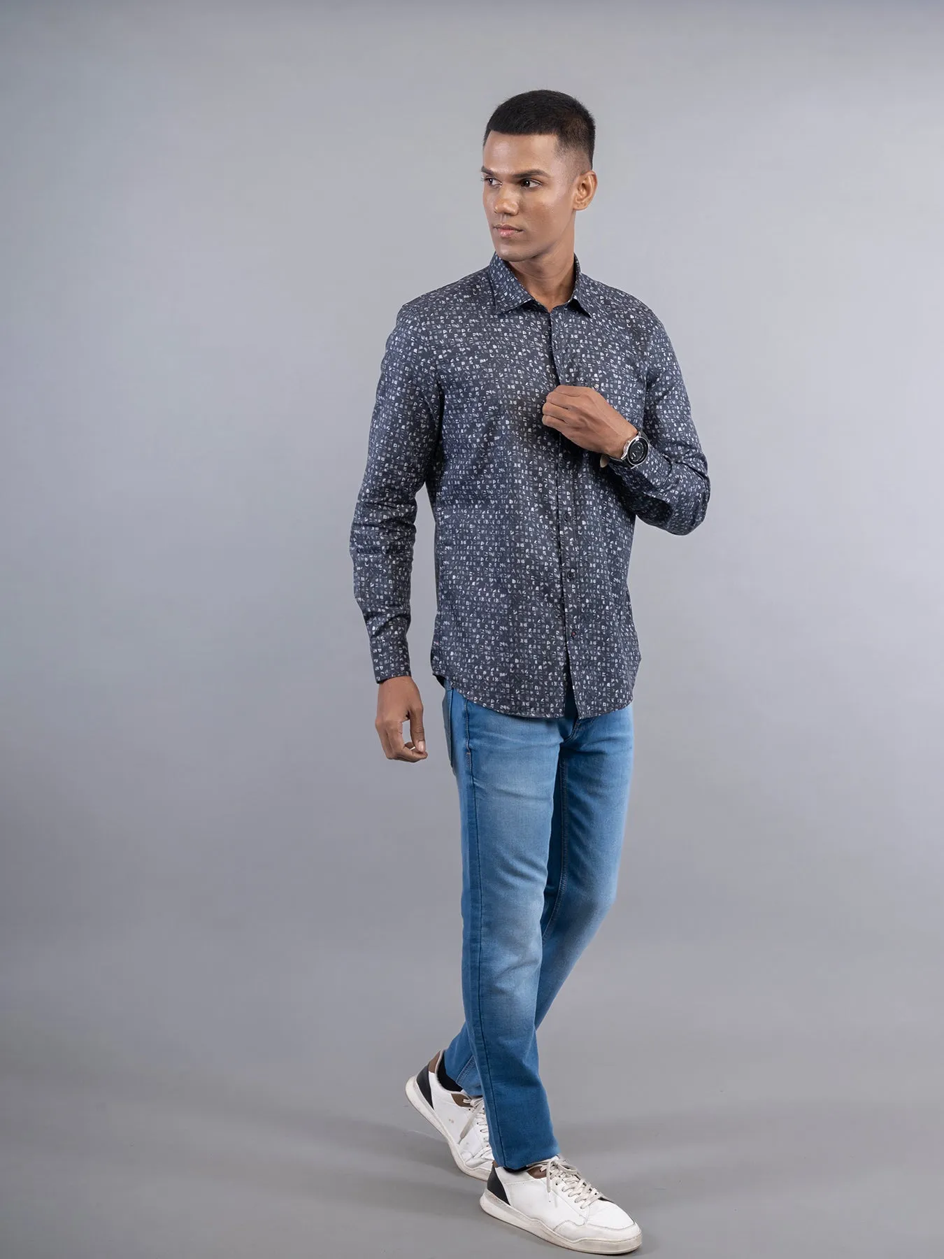 Cotton Tencel Black Digital Printed Slim Fit Full Sleeve Casual Shirt