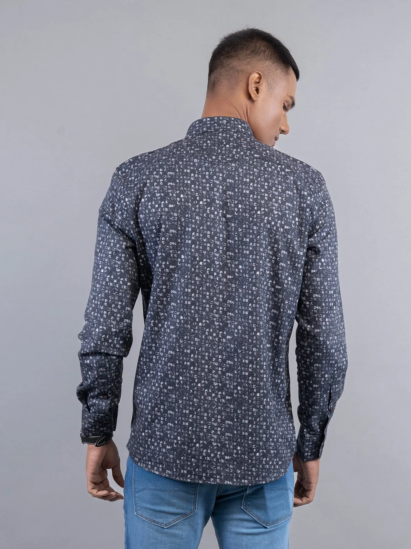 Cotton Tencel Black Digital Printed Slim Fit Full Sleeve Casual Shirt