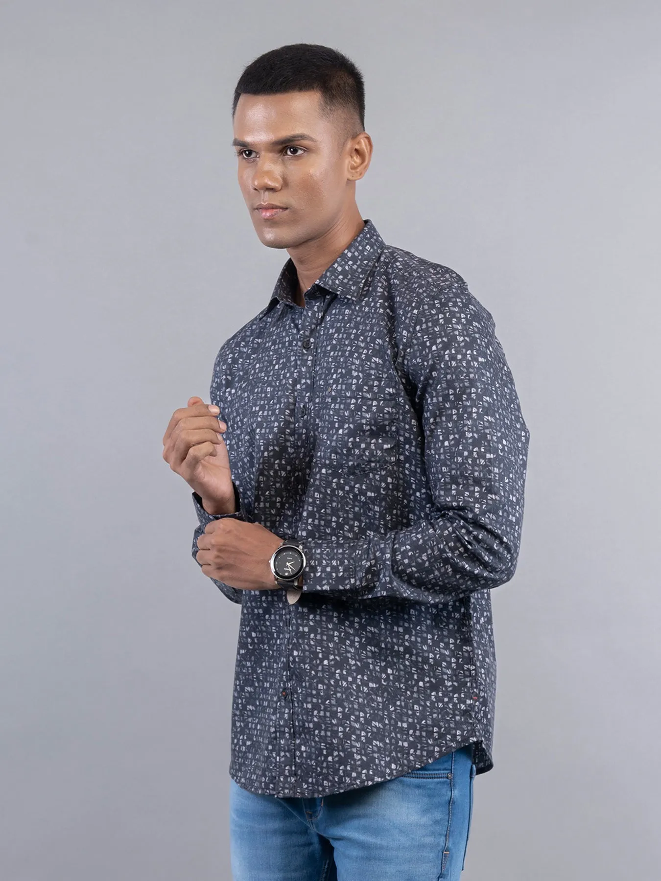 Cotton Tencel Black Digital Printed Slim Fit Full Sleeve Casual Shirt