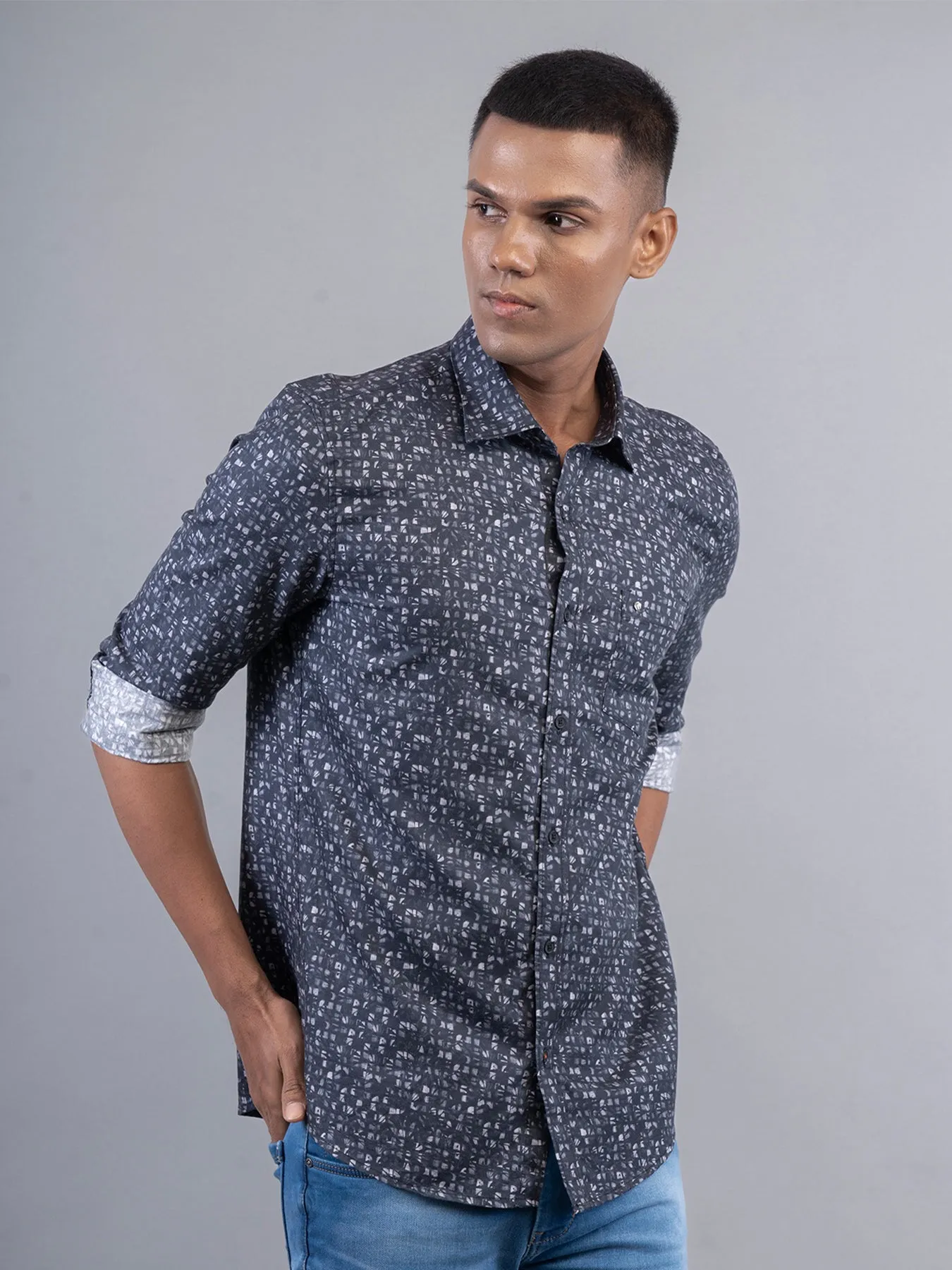 Cotton Tencel Black Digital Printed Slim Fit Full Sleeve Casual Shirt