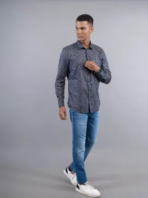 Cotton Tencel Black Digital Printed Slim Fit Full Sleeve Casual Shirt