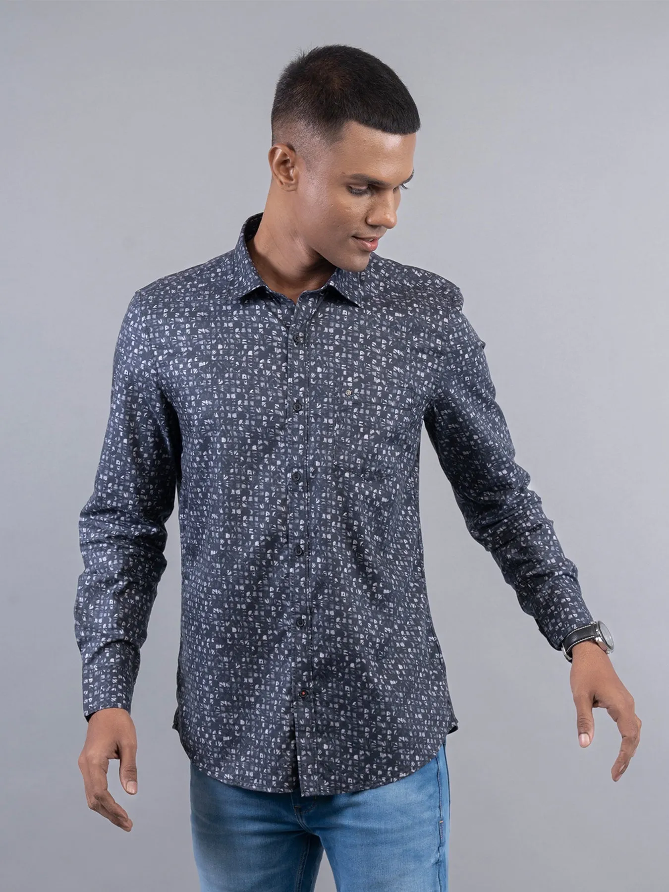 Cotton Tencel Black Digital Printed Slim Fit Full Sleeve Casual Shirt