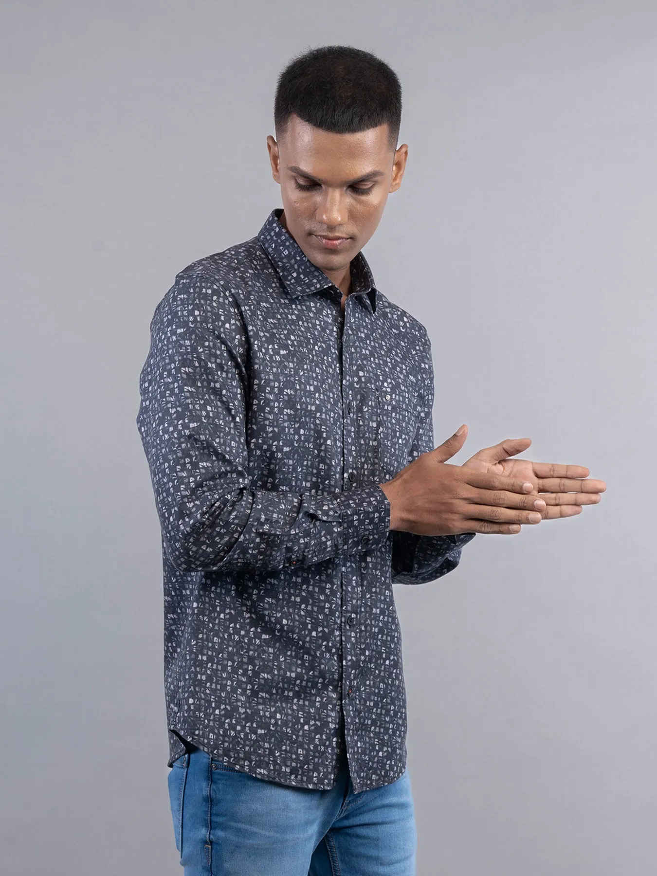 Cotton Tencel Black Digital Printed Slim Fit Full Sleeve Casual Shirt