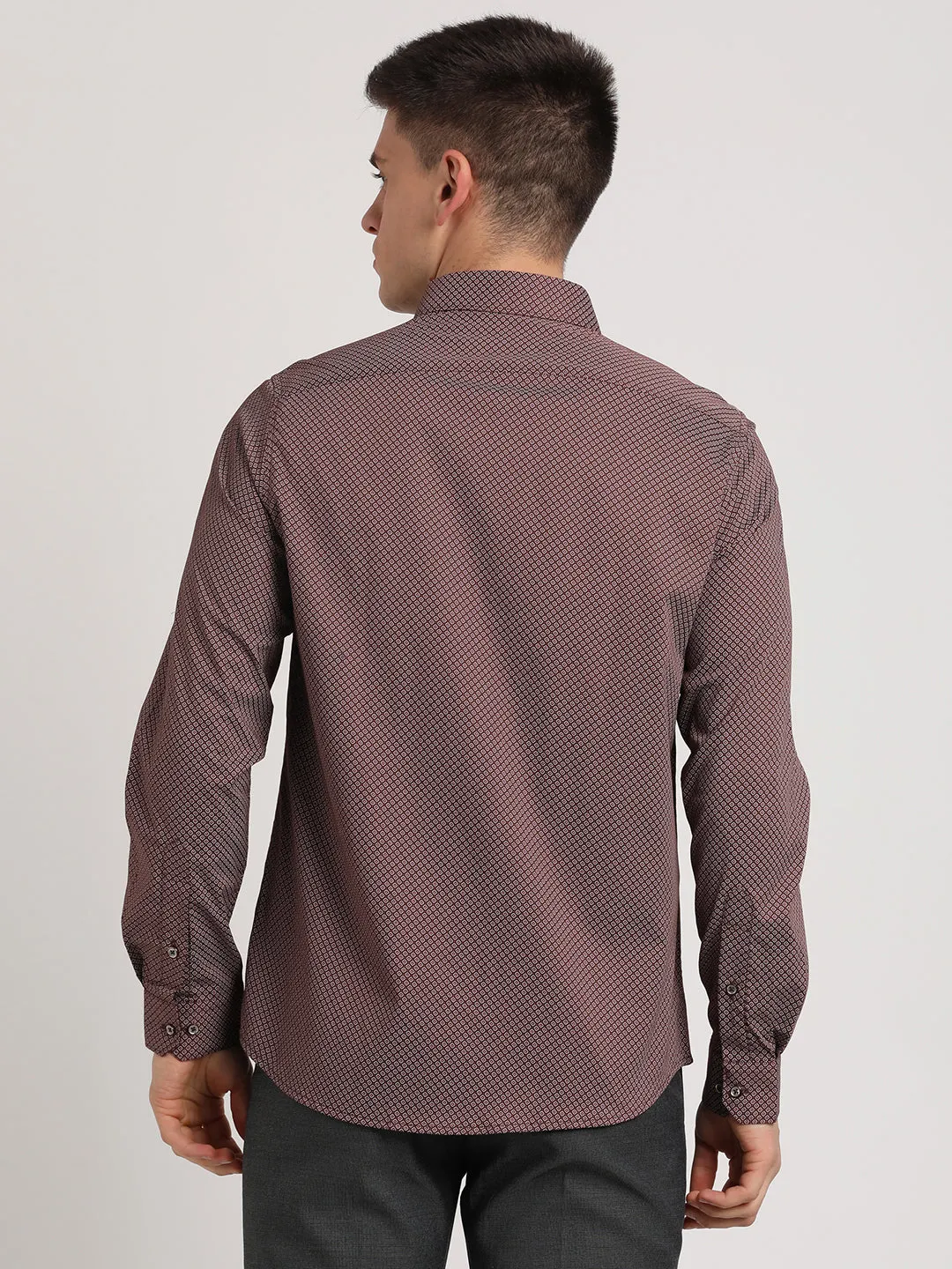 Cotton Tencel Brown Printed Slim Fit Full Sleeve Ceremonial Shirt