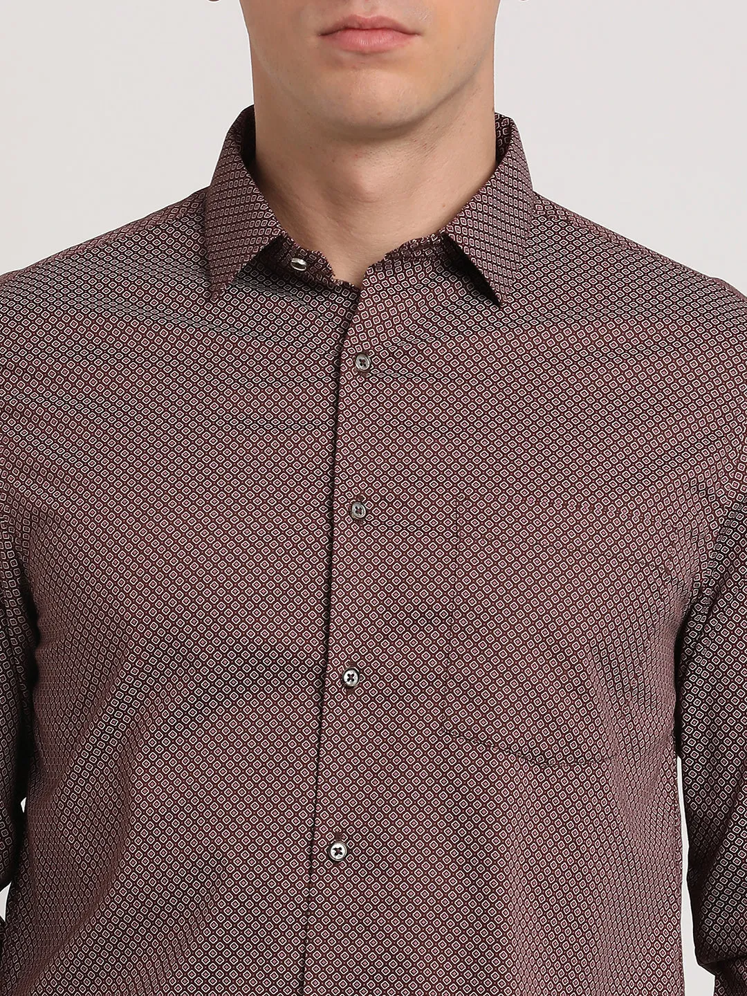 Cotton Tencel Brown Printed Slim Fit Full Sleeve Ceremonial Shirt
