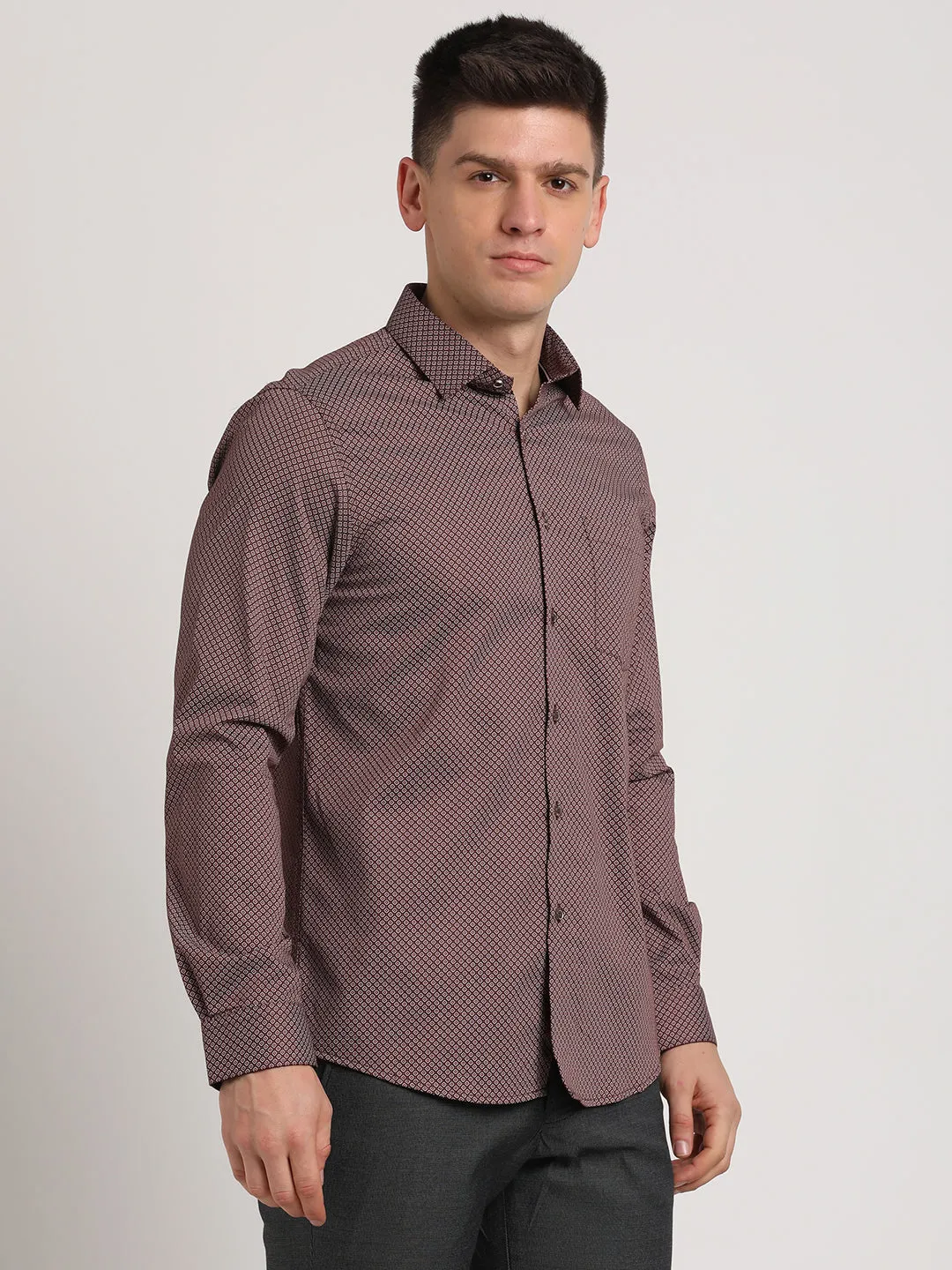 Cotton Tencel Brown Printed Slim Fit Full Sleeve Ceremonial Shirt