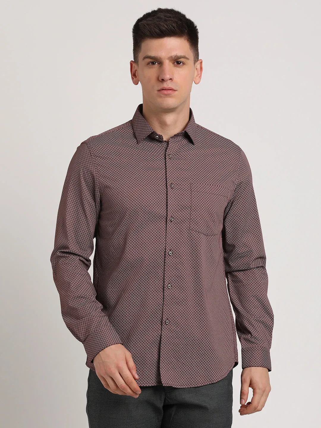Cotton Tencel Brown Printed Slim Fit Full Sleeve Ceremonial Shirt
