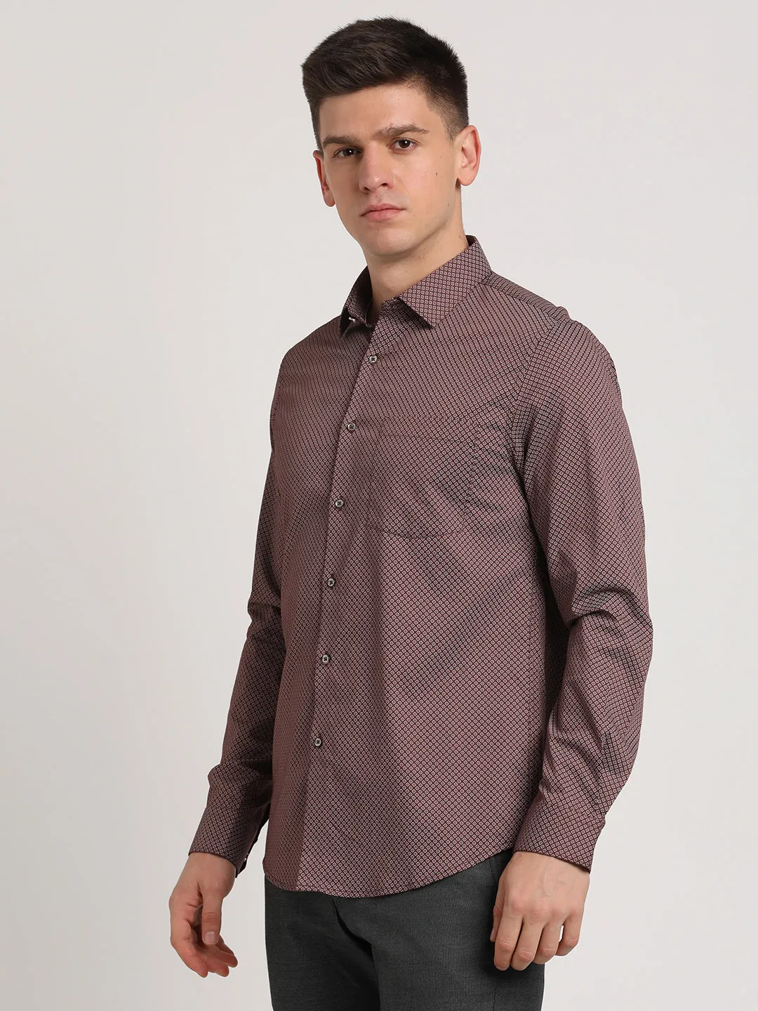 Cotton Tencel Brown Printed Slim Fit Full Sleeve Ceremonial Shirt