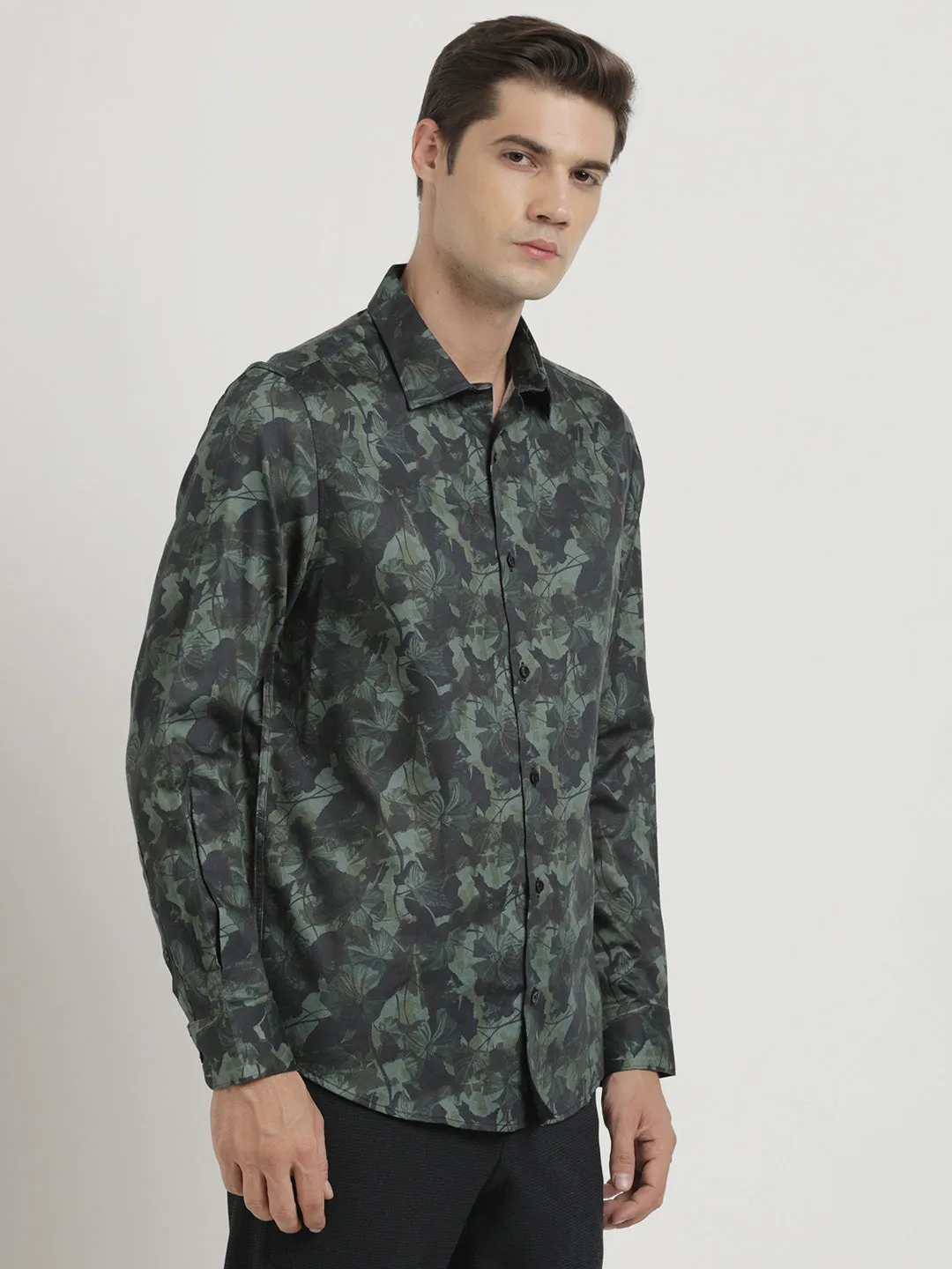 Cotton Tencel Dark Green Printed Slim Fit Full Sleeve Ceremonial Shirt