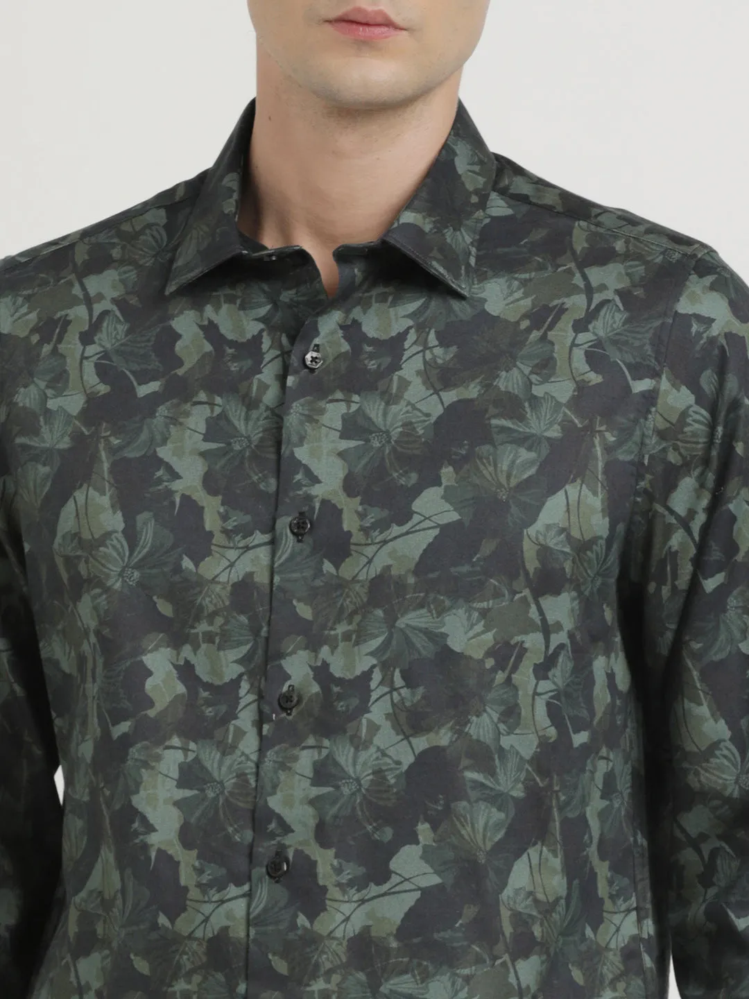 Cotton Tencel Dark Green Printed Slim Fit Full Sleeve Ceremonial Shirt