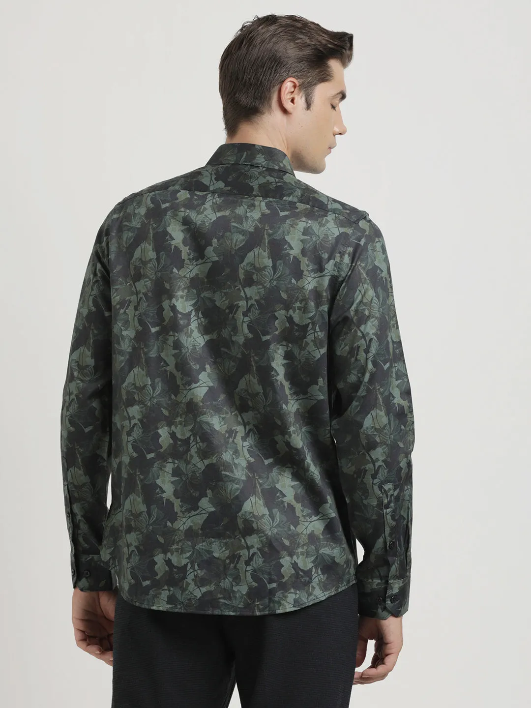 Cotton Tencel Dark Green Printed Slim Fit Full Sleeve Ceremonial Shirt