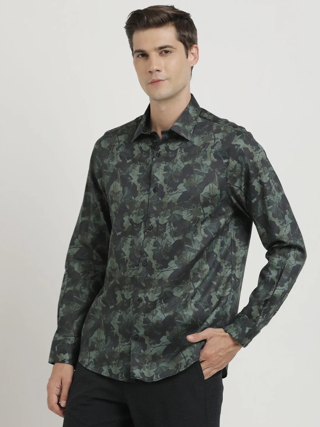Cotton Tencel Dark Green Printed Slim Fit Full Sleeve Ceremonial Shirt