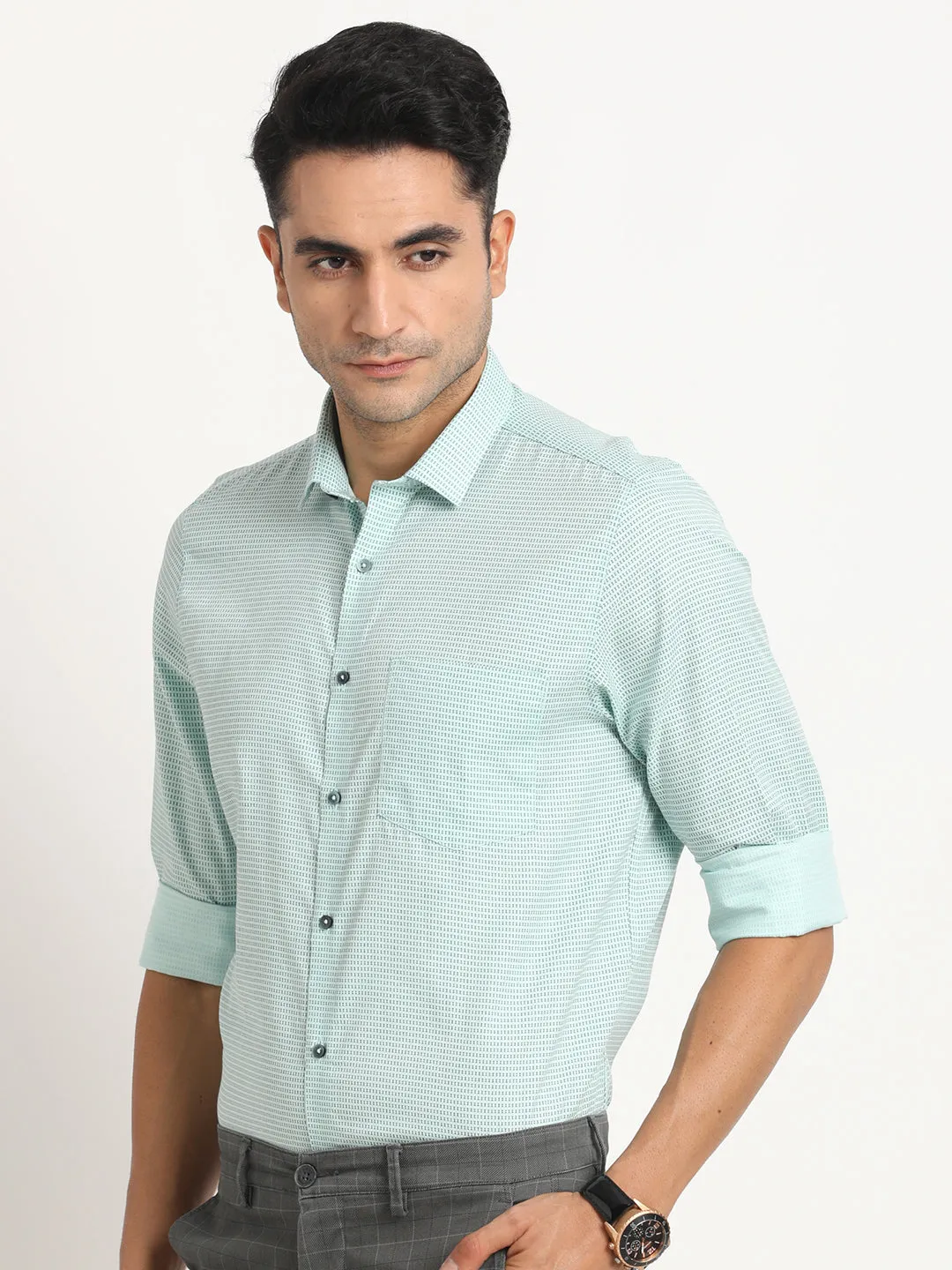 Cotton Tencel Green Printed Full Sleeve Formal Shirt
