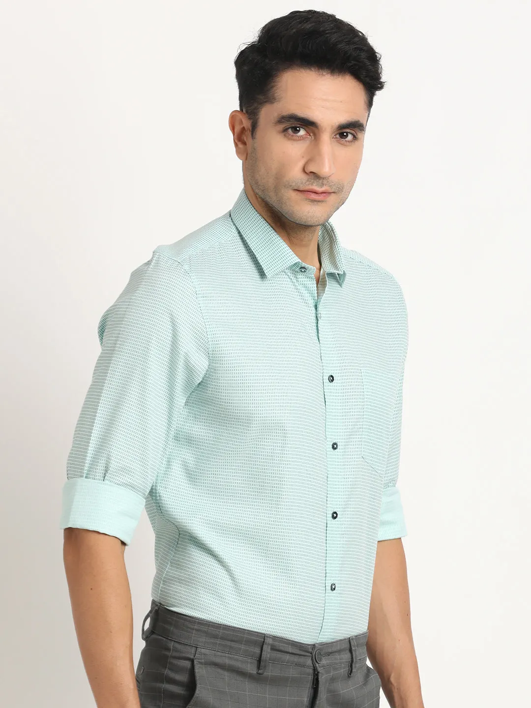 Cotton Tencel Green Printed Full Sleeve Formal Shirt