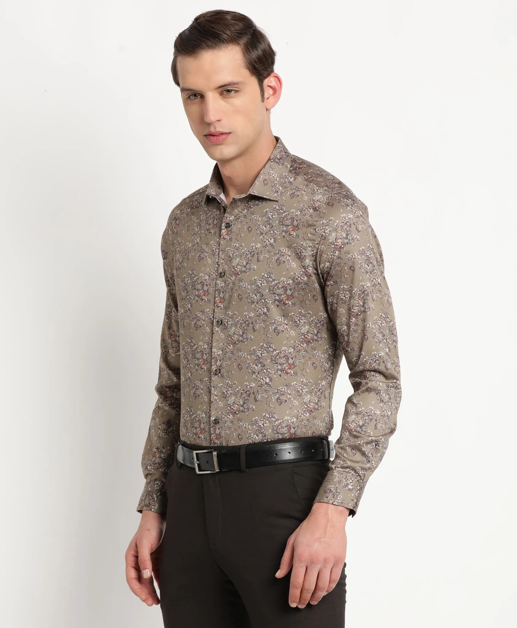Cotton Tencel Khaki Printed Slim Fit Full Sleeve Ceremonial Shirt
