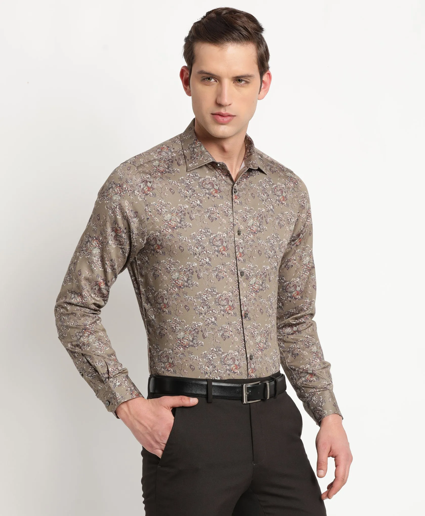 Cotton Tencel Khaki Printed Slim Fit Full Sleeve Ceremonial Shirt