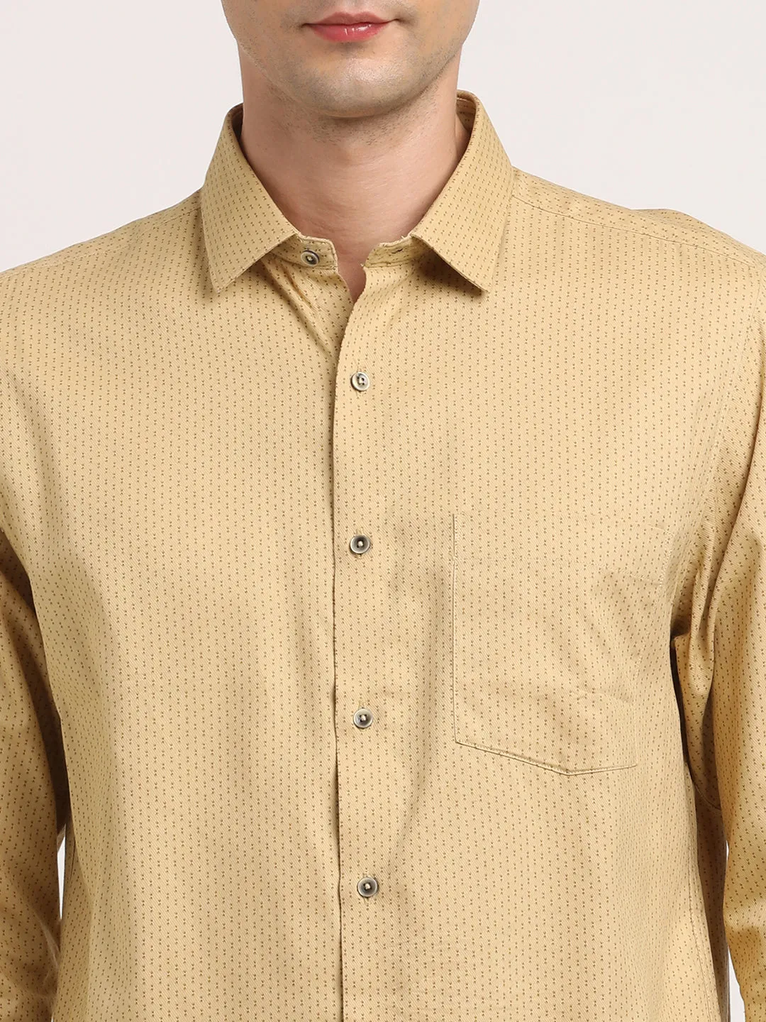 Cotton Tencel Khaki Printed Slim Fit Full Sleeve Formal Shirt