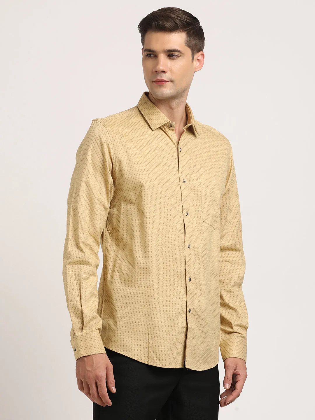 Cotton Tencel Khaki Printed Slim Fit Full Sleeve Formal Shirt