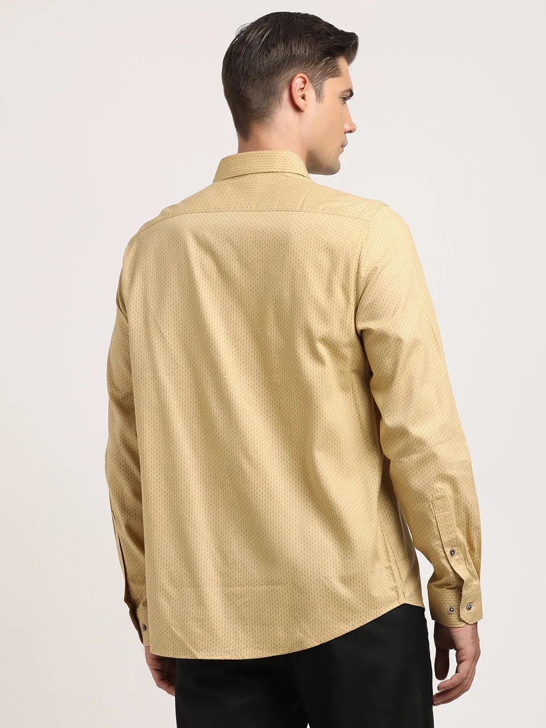 Cotton Tencel Khaki Printed Slim Fit Full Sleeve Formal Shirt