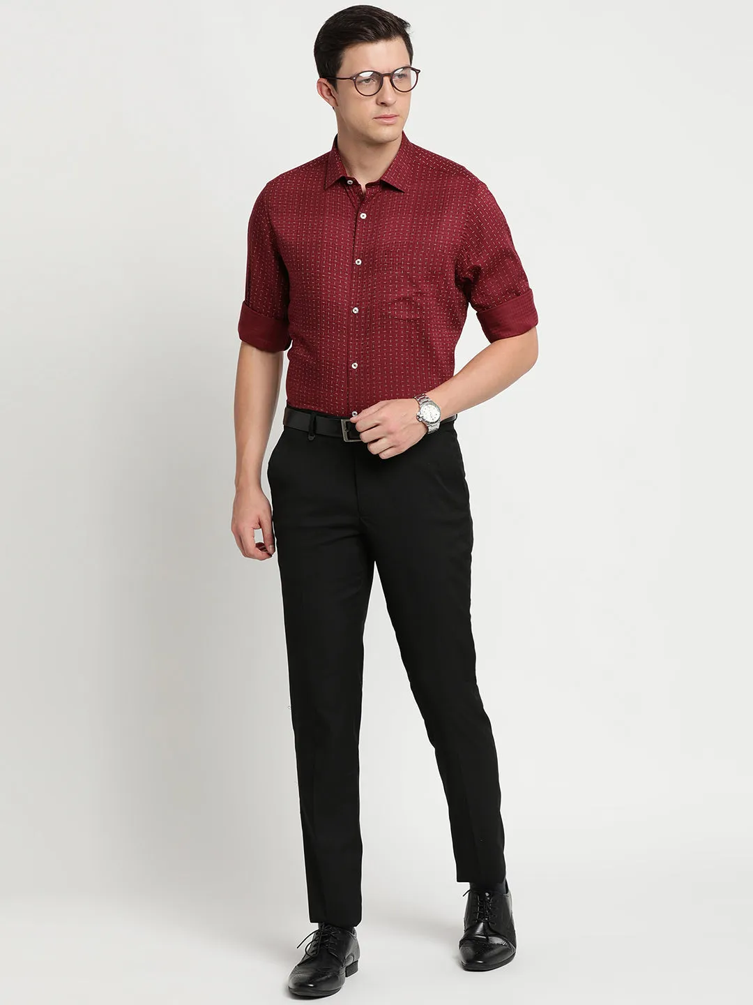 Cotton Tencel Maroon Printed Regular Fit Full Sleeve Formal Shirt
