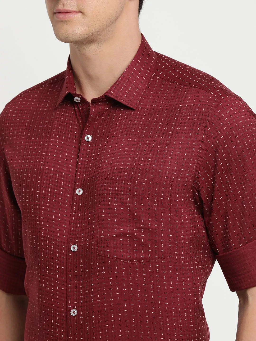 Cotton Tencel Maroon Printed Regular Fit Full Sleeve Formal Shirt