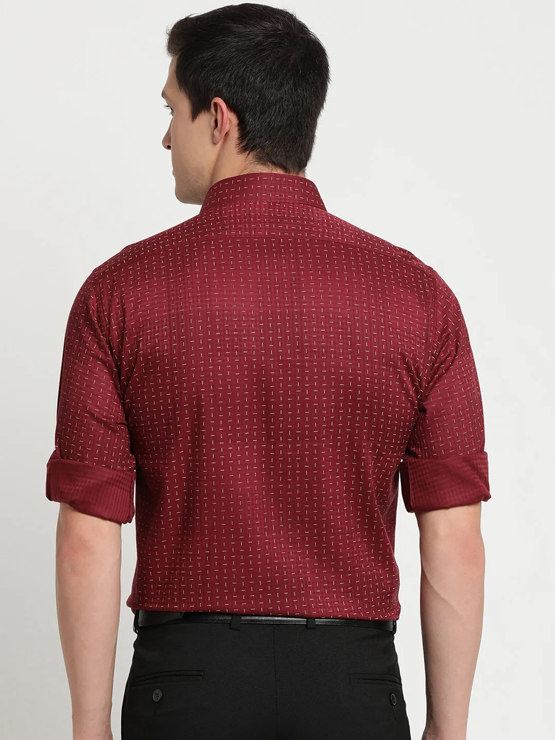 Cotton Tencel Maroon Printed Regular Fit Full Sleeve Formal Shirt