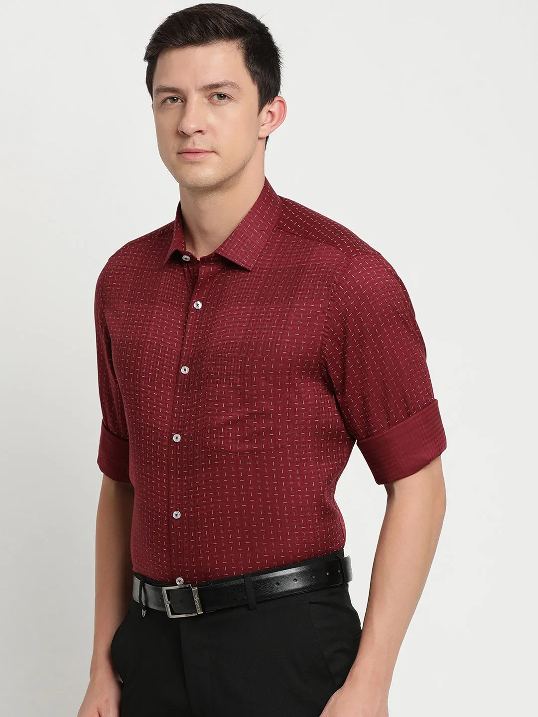 Cotton Tencel Maroon Printed Regular Fit Full Sleeve Formal Shirt