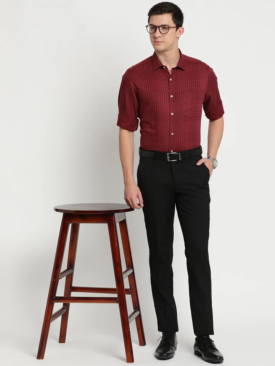 Cotton Tencel Maroon Printed Regular Fit Full Sleeve Formal Shirt