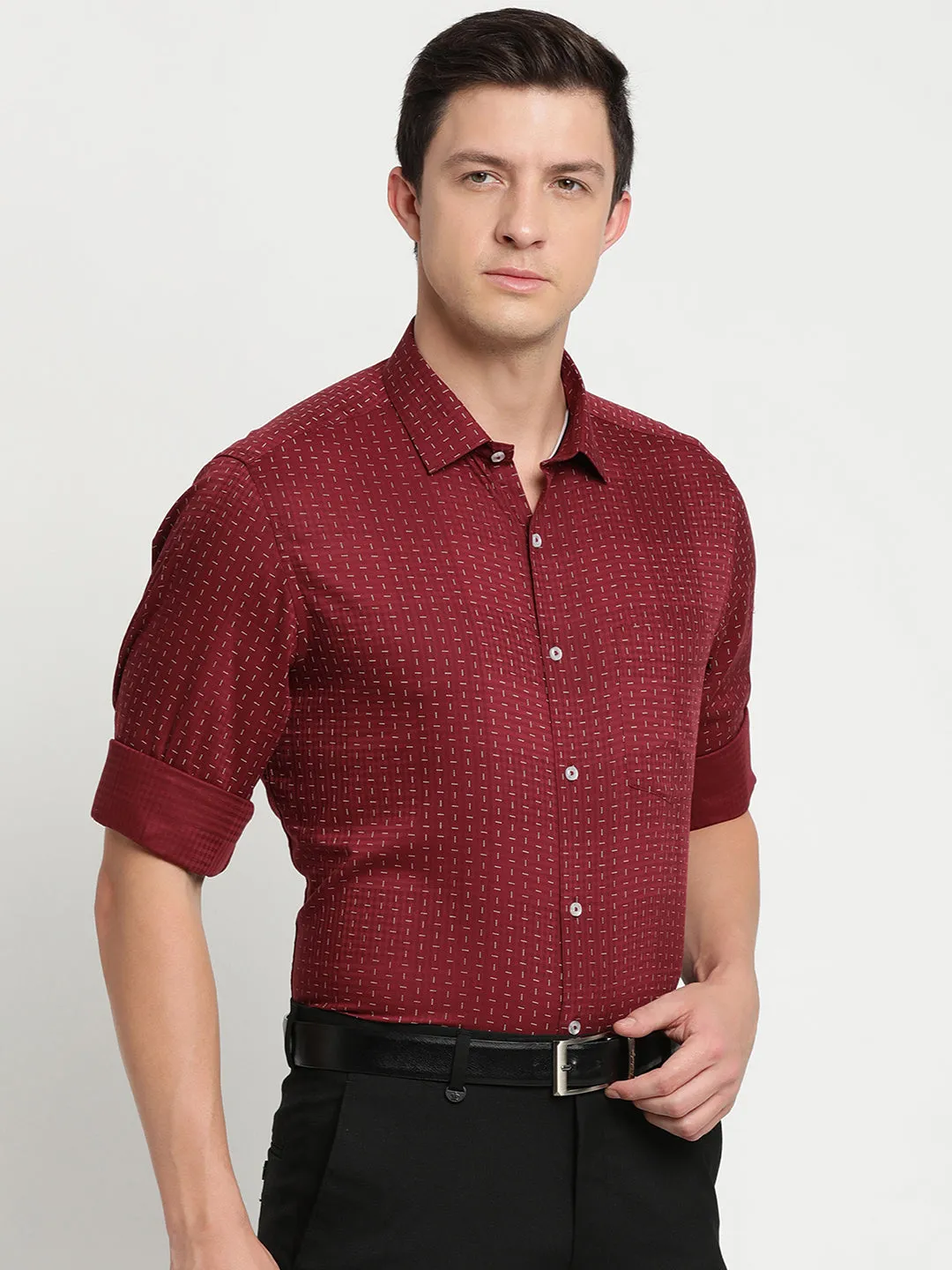 Cotton Tencel Maroon Printed Regular Fit Full Sleeve Formal Shirt