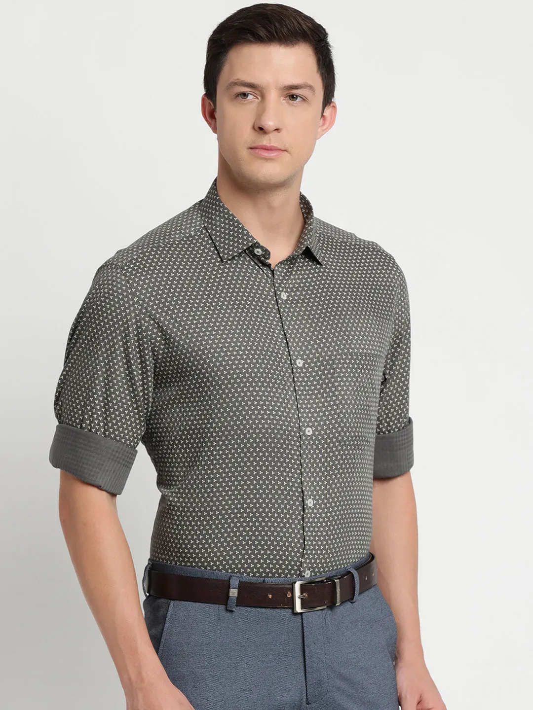 Cotton Tencel Olive Printed Slim Fit Full Sleeve Formal Shirt