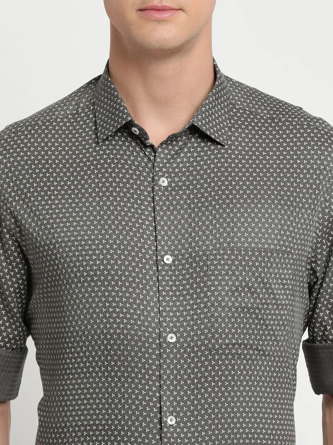 Cotton Tencel Olive Printed Slim Fit Full Sleeve Formal Shirt