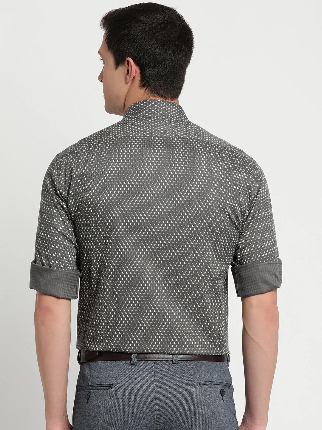 Cotton Tencel Olive Printed Slim Fit Full Sleeve Formal Shirt