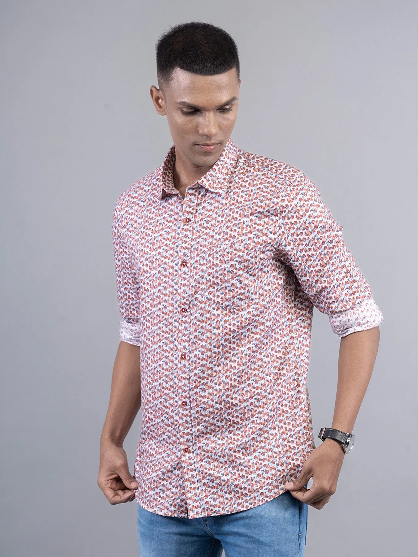 Cotton Tencel Orange Printed Slim Fit Full Sleeve Casual Shirt