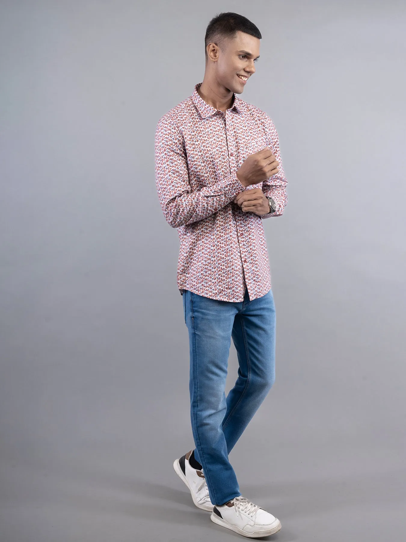 Cotton Tencel Orange Printed Slim Fit Full Sleeve Casual Shirt