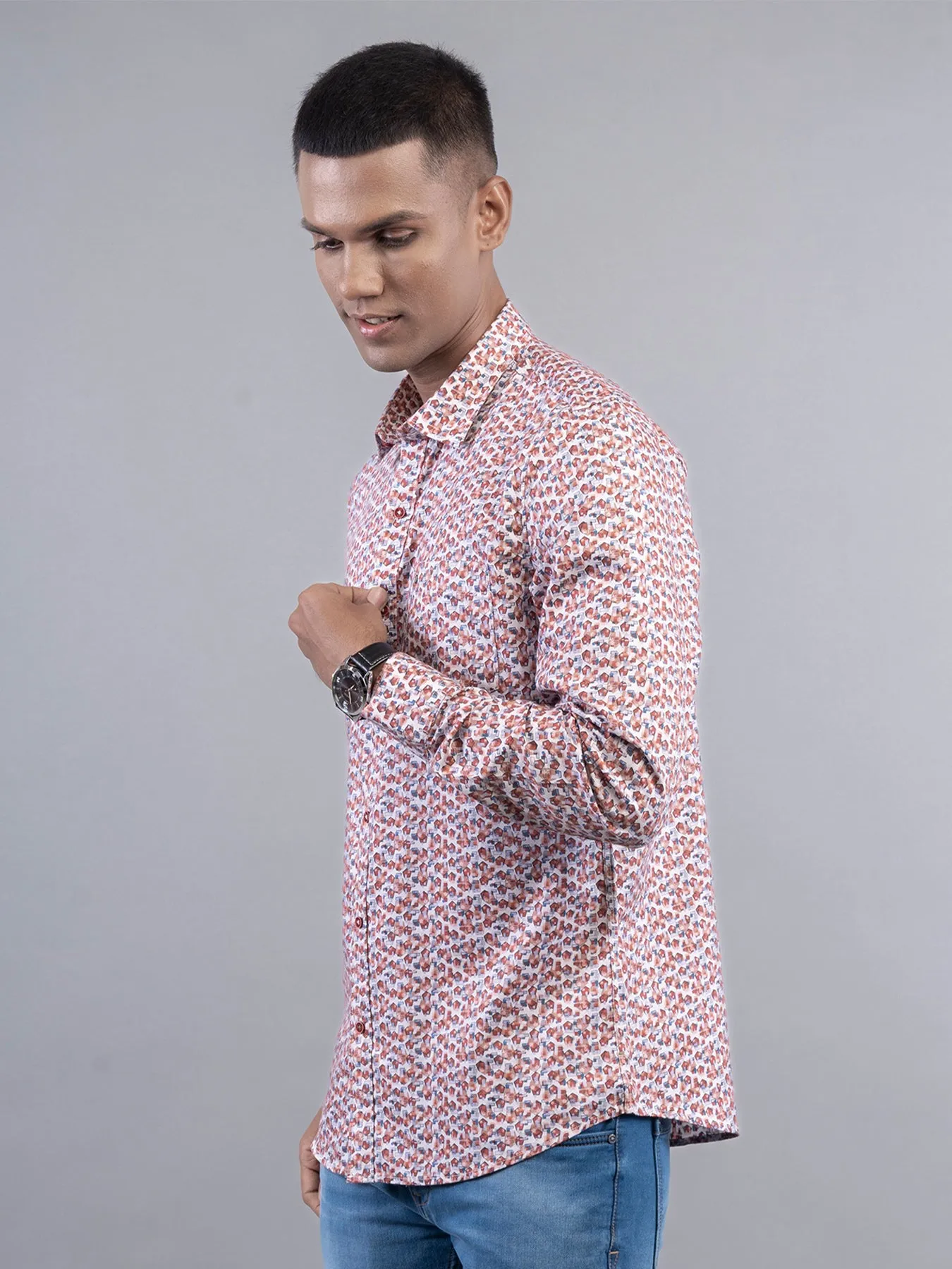 Cotton Tencel Orange Printed Slim Fit Full Sleeve Casual Shirt