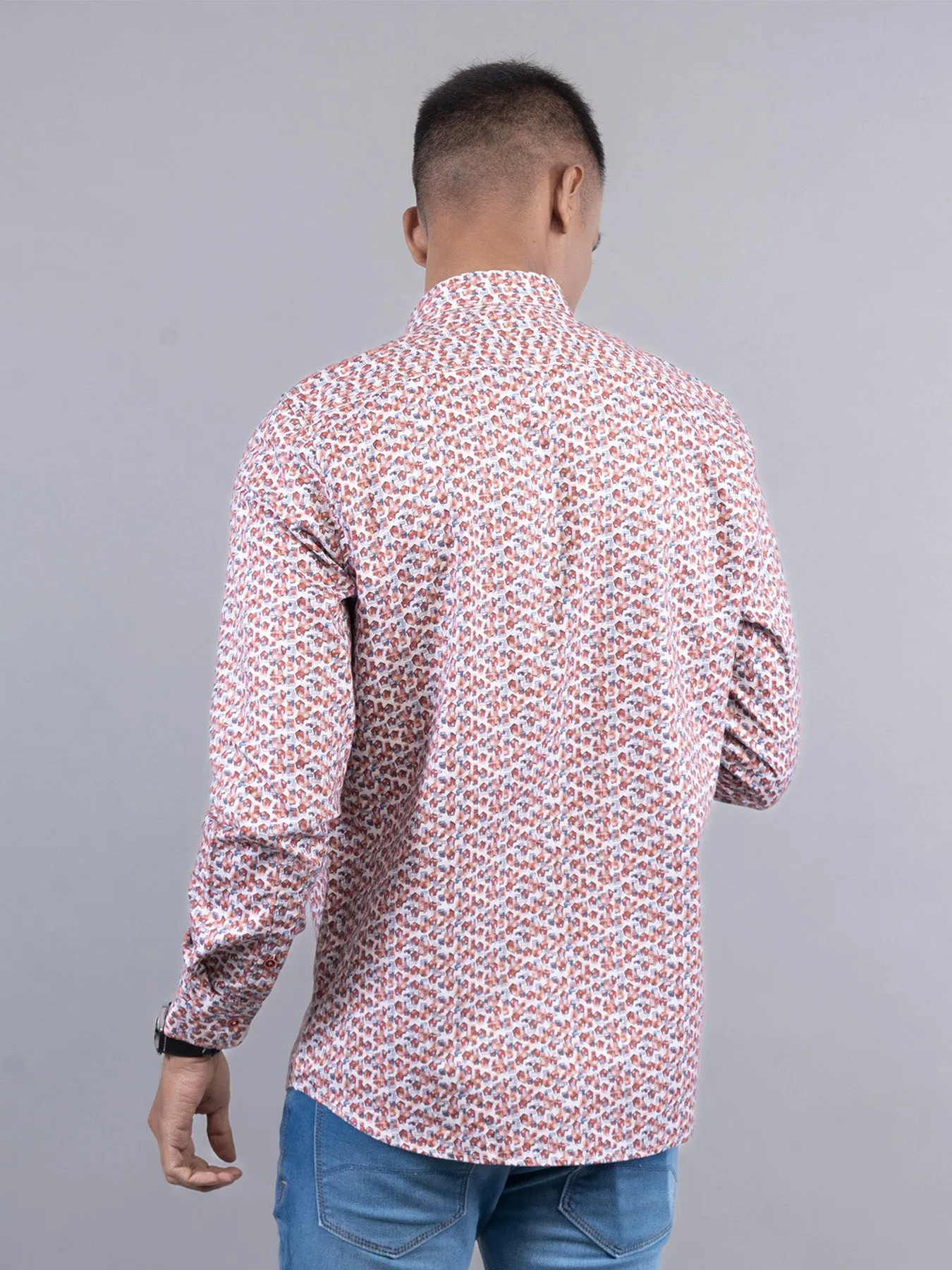 Cotton Tencel Orange Printed Slim Fit Full Sleeve Casual Shirt
