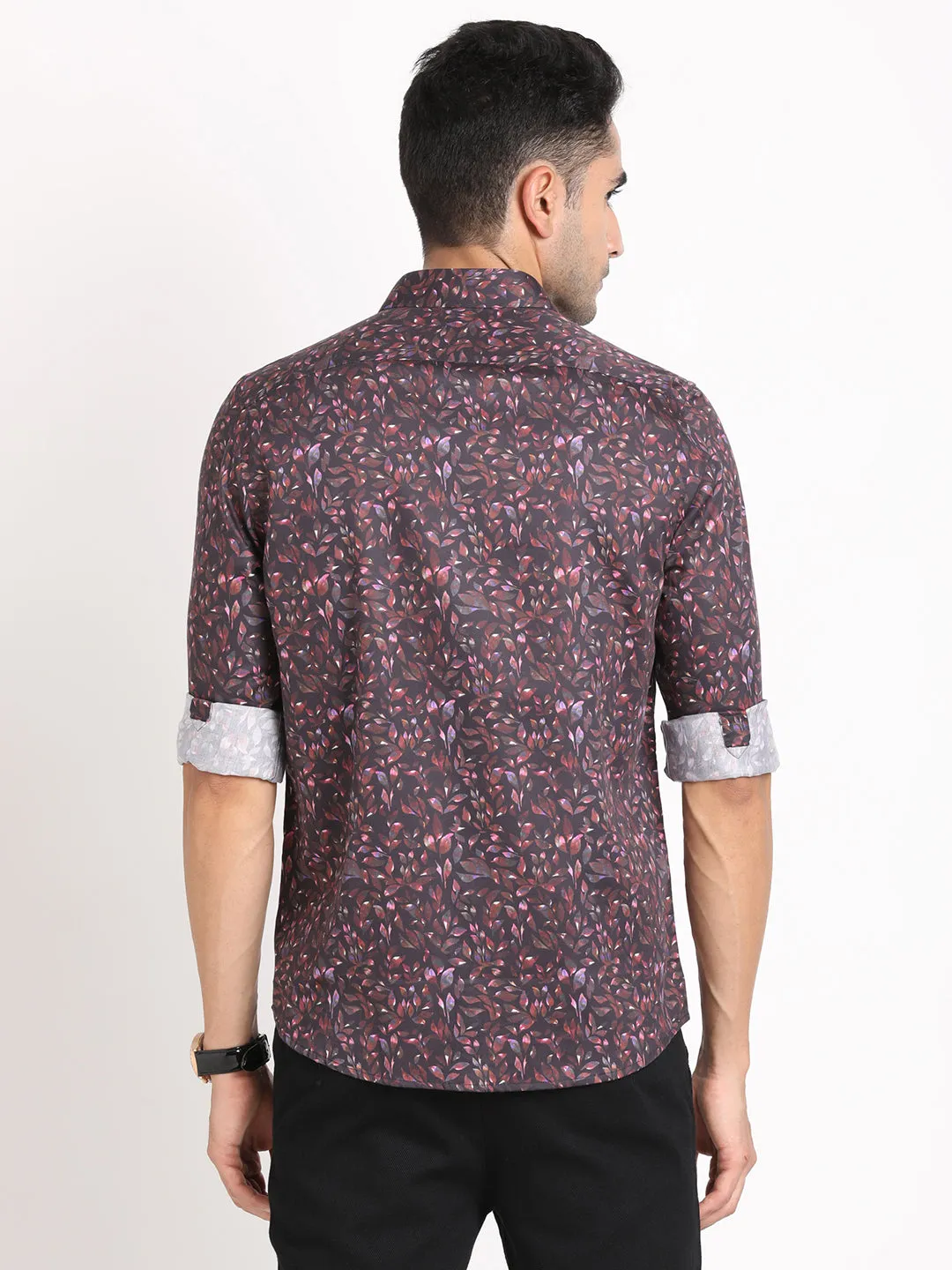 Cotton Tencel Purple Printed Slim Fit Full Sleeve Ceremonial Shirt