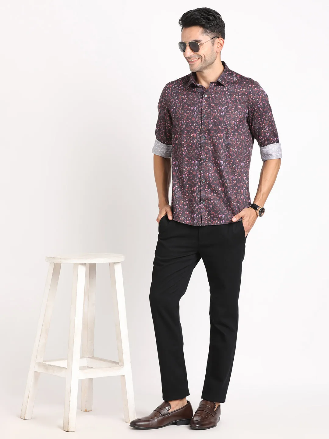 Cotton Tencel Purple Printed Slim Fit Full Sleeve Ceremonial Shirt