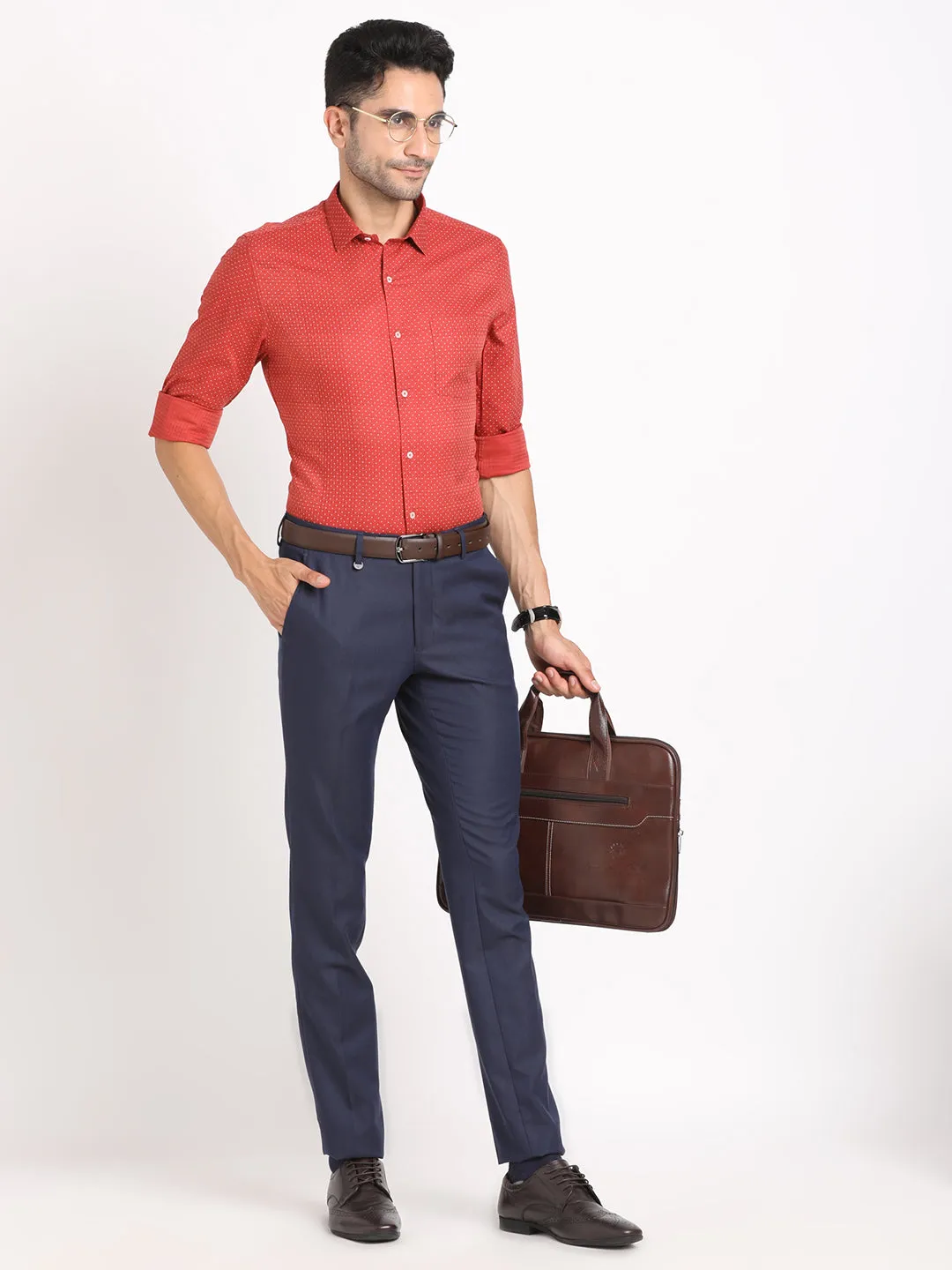 Cotton Tencel Red Printed Slim Fit Full Sleeve Formal Shirt