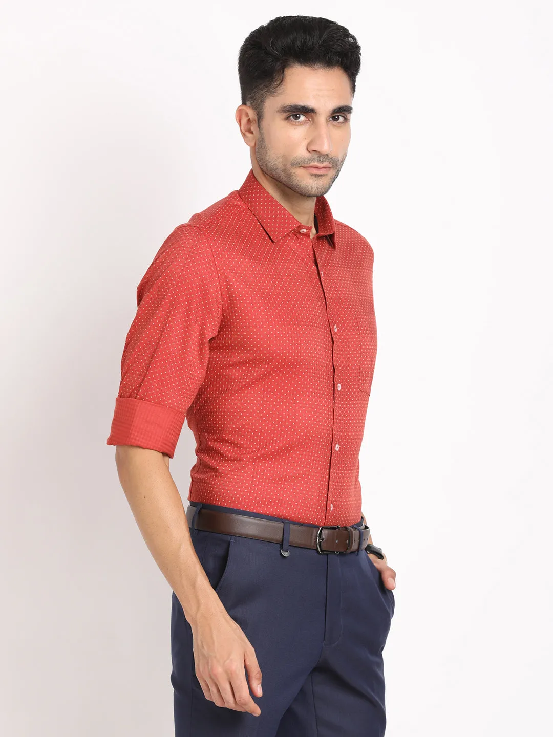Cotton Tencel Red Printed Slim Fit Full Sleeve Formal Shirt