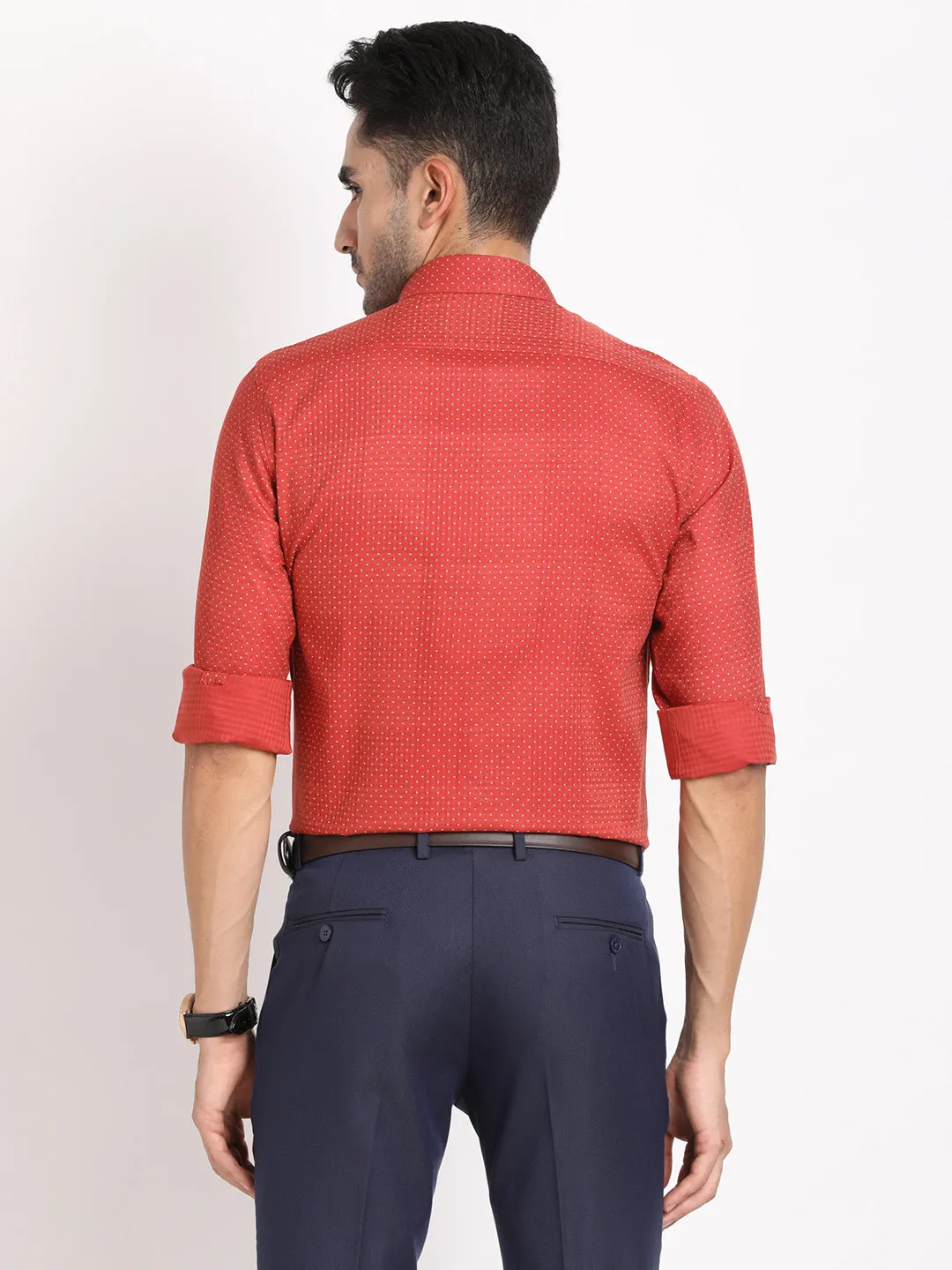 Cotton Tencel Red Printed Slim Fit Full Sleeve Formal Shirt