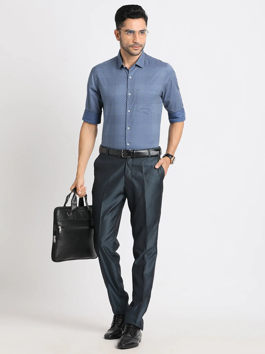 Cotton Tencel Slate Blue Printed Slim Fit Full Sleeve Formal Shirt