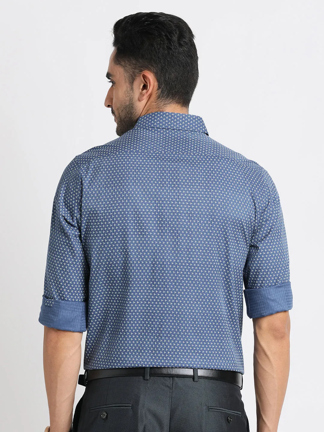 Cotton Tencel Slate Blue Printed Slim Fit Full Sleeve Formal Shirt